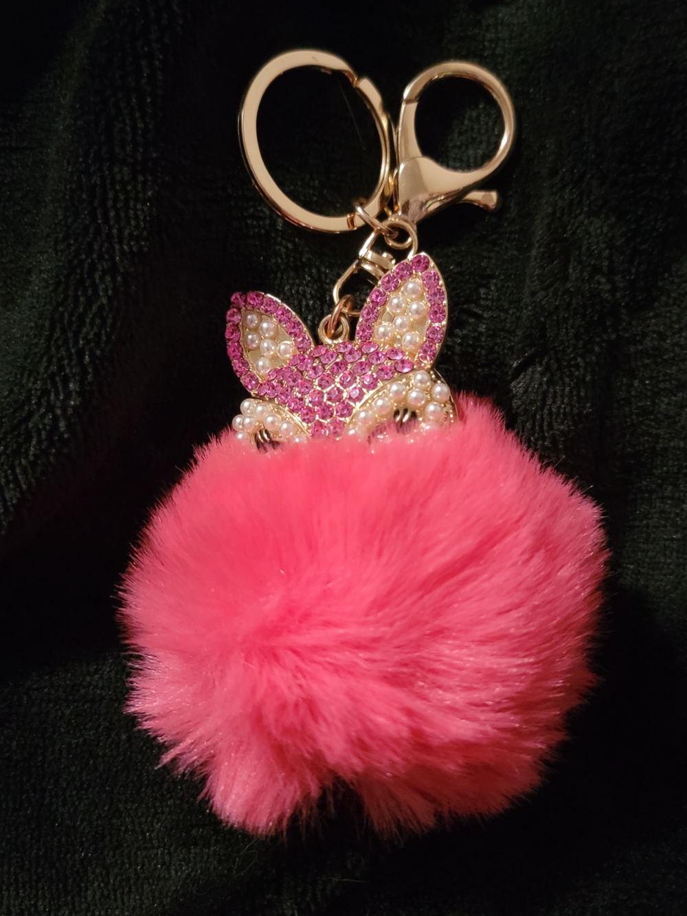 Plush Pink Pom Pom Fox Keychain with Crystal Accent